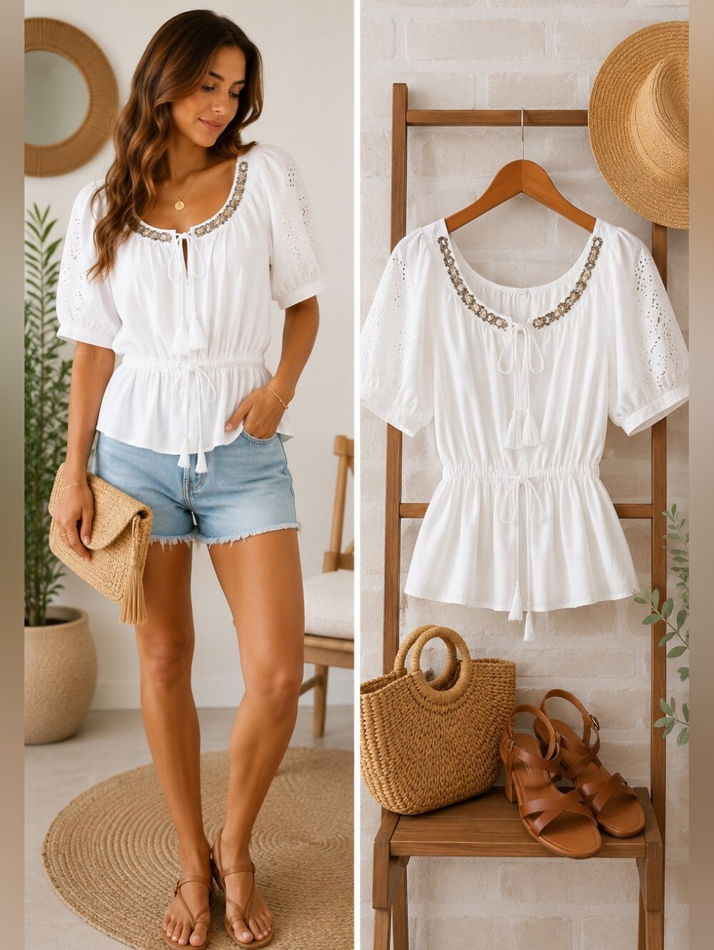 NWOT White Boho Off Shoulder Peasant Blouse L Rayon Cotton Embroidered Sequin